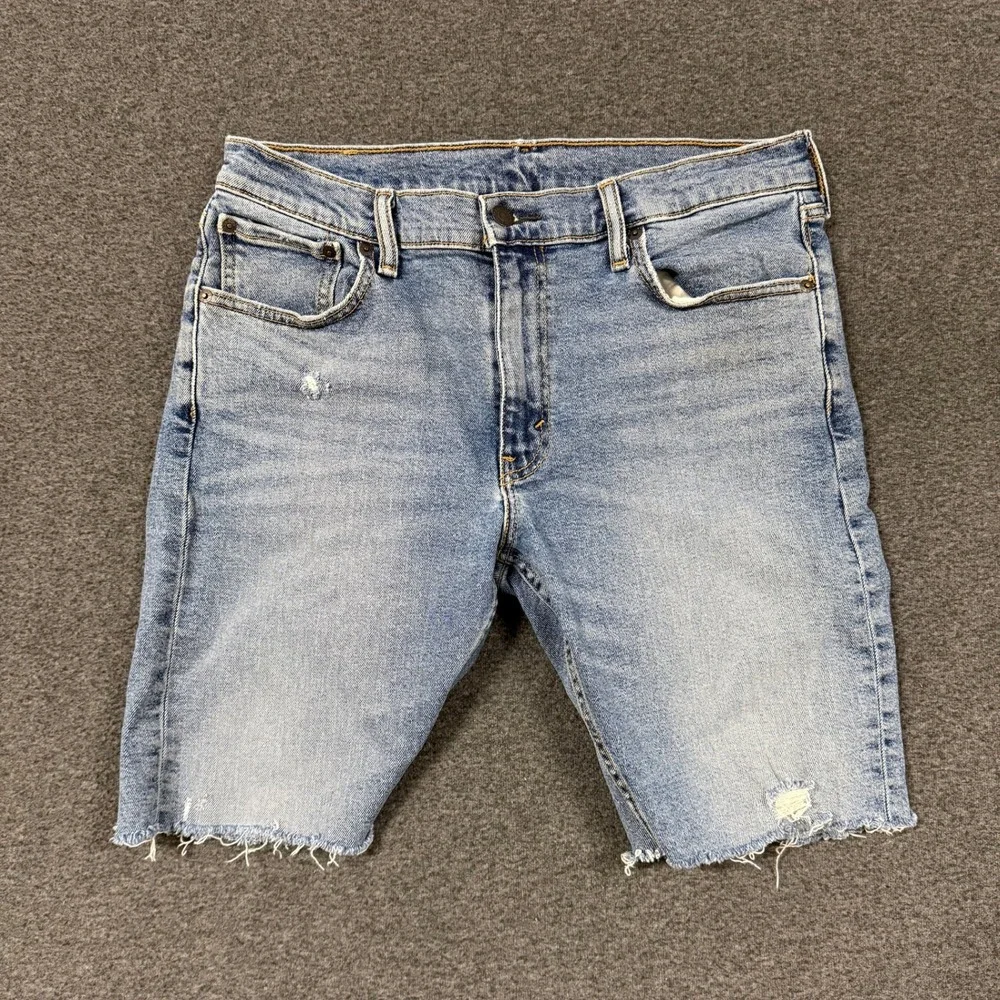 Levis 505 Denim Shorts Mens 32 Blue Good Raw Hem Distressed Cut Off